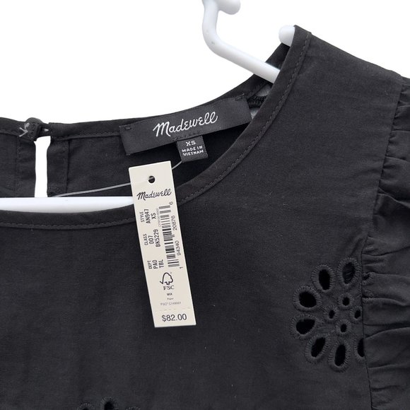 NEW MADEWELL Black Cotton Daisy Eyelet Flutter-Sleeve Yoke Top Size XS NWT 0037 - Picture 5 of 10